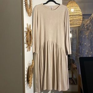 Zara Women's Ecru Creme Long Sleeve Soft Ribbed Knit Midi Dress